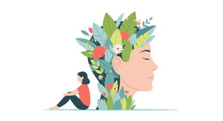 Flat Illustration of Mental Health Concept with Woman and Floral Head