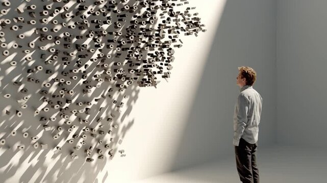  Contemplative Observer of Art: A solitary figure, lost in thought, gazes at an intriguing art installation of many small objects in a stark, minimalist gallery setting.