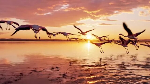 A flock of flamingos taking off from a lake, golden hour reflection.