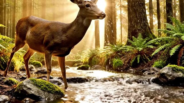 A deer drinking from a forest stream, soft morning light.