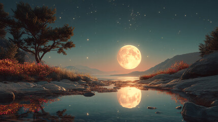 A serene nighttime landscape with a large moon shining over a calm body of water