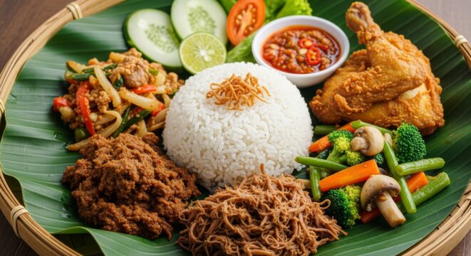 Authentic Indonesian Rice Plate: Nasi Campur with Fried Chicken, Rendang, Vegetables, and Sambal