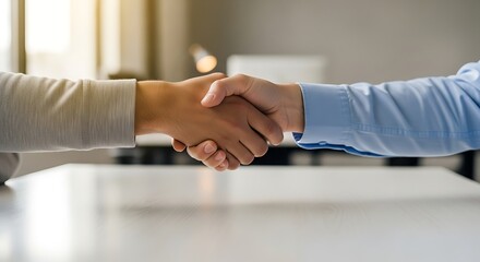 Fototapeta premium Two people shaking hands in a business meeting, symbolizing agreement and partnership.