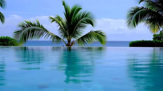 serene tropical getaway featuring an infinity pool merging seamlessly with the ocean horizon, lush palm trees swaying gently in the breeze