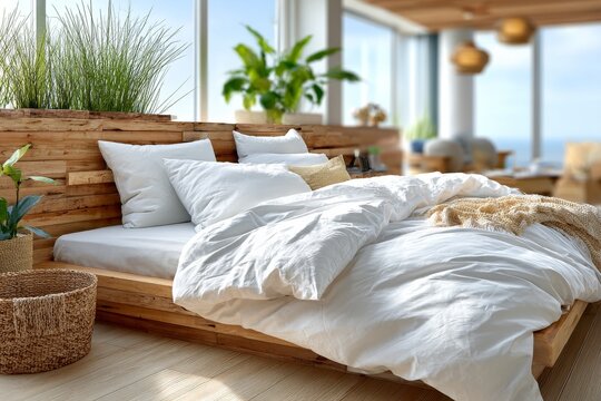  Dormitorio moderno con cama baja, ropa de cama blanca y plantas que aportan frescura.
