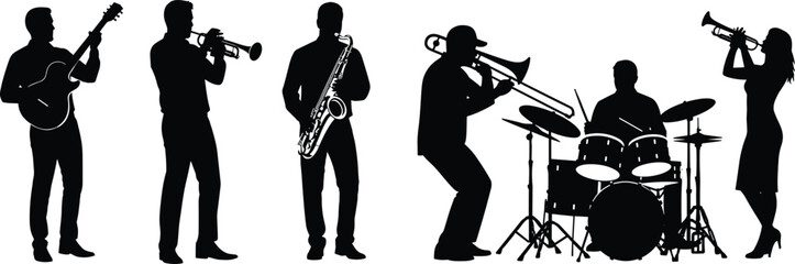 Set of black silhouettes of musicians men and women playing musical instruments guitar drums saxophone and trumpet isolated on white background for jazz band concept (24 words) © Shathi