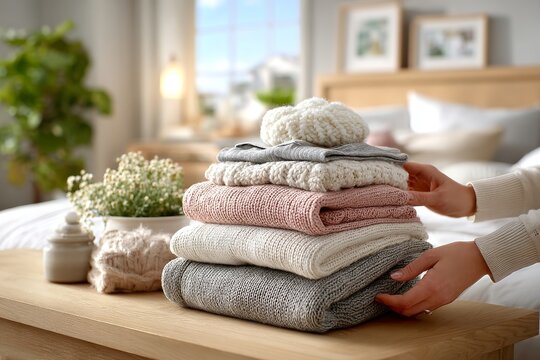  Toallas dobladas cuidadosamente colocadas sobre una cama en un dormitorio luminoso y ordenado.
