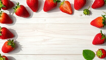 Fresh Strawberries Border on White Wooden Background with Green Leaves, Close-up Top View
