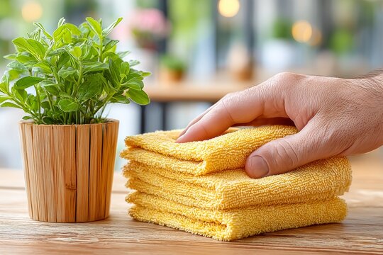   Esponjas amarillas apiladas sobre una mesa de madera junto a una planta verde en un interior luminoso.
