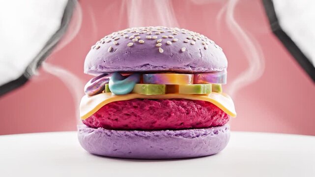 Colorful purple and pink macaroon with candy filling