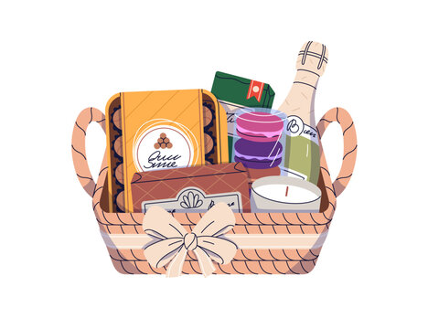 Gift basket with food treats and champagne bottle. Woven box with gourmet snacks, sweets, cookies, wine. Festive present package with ribbon. Flat vector illustration isolated on white background
