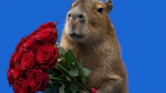 Funny capybara holding a bouquet of red roses isolated on blue screen chroma key for Valentine's Day and Womens Day.