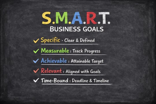 S.M.A.R.T. business goals are outlined on a chalkboard background, with each letter color-coded
