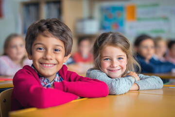 Obraz premium Happy elementary classmates sitting at desks and smiling, friendly school atmosphere