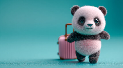 A cute plush panda bear stands next to a pink suitcase