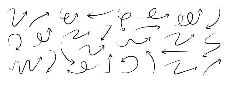 Hand drawn Arrows doodle icons set. Curved cartoon arrows sketches collection. Flat and thin pointers illustrations. Scribble swirl arrow signs.