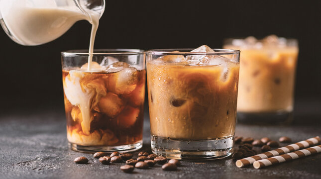 Glass with iced latte, refreshing energy coffee drinks
