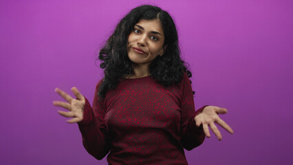 Obraz premium Woman shrugging with palms up and closed eyes in a studio with purple backdrop; uncertainty questioning thought.