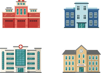 Public building icons vector set with hospital school academy and civic institutions colorful architecture illustration collection