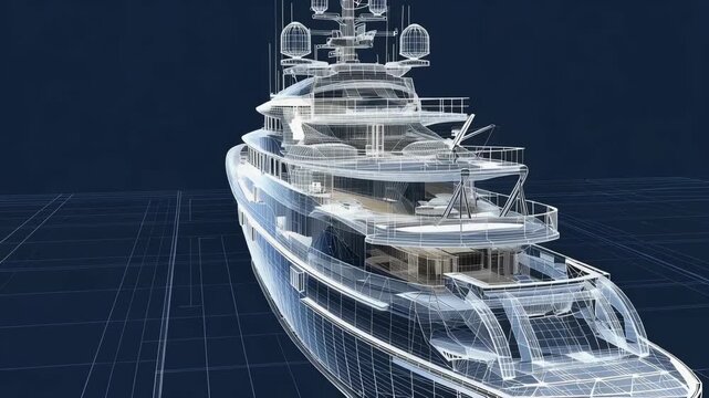 Detailed 3D Rendering of a Luxury Yacht in High Contrast Against a Dark Background