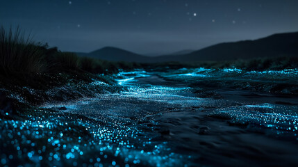 A serene nighttime scene of glowing blue bioluminescent organisms on a beach