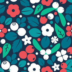 Obraz premium Botanical Seamless Pattern with Berries and Leaves, Floral Vector Background