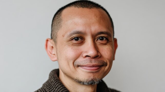 Middle aged man with close cropped hair smiles warmly against a light background