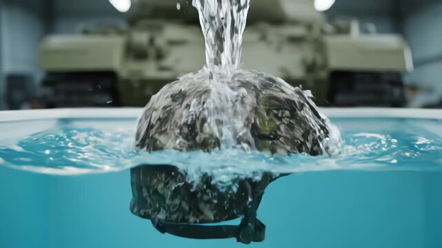 Close-up of applying camouflage pattern to military helmet via hydro dipping water transfer printing process with tank in background