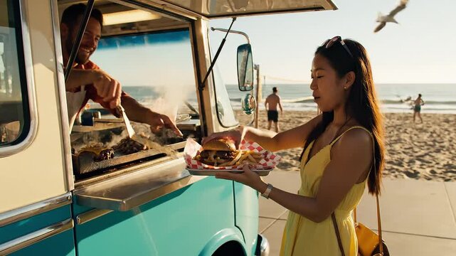 Beachside burger stand with chef serving food, sunny day