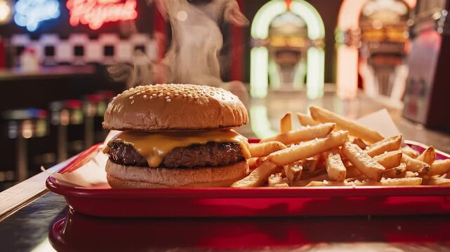 Steaming burger with fries on a red tray in diner