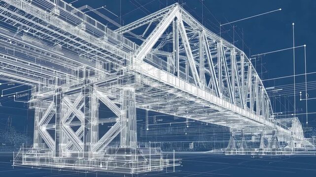 Artistic Wireframe Illustration of a Bridge Structure Against a Deep Blue Background
