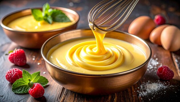 Whisk the sabayon, the pale yellow egg yolks forming a thick batter.