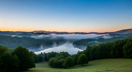 Obraz premium Serene Landscape with Rolling Hills and Foggy Valley at Dawn