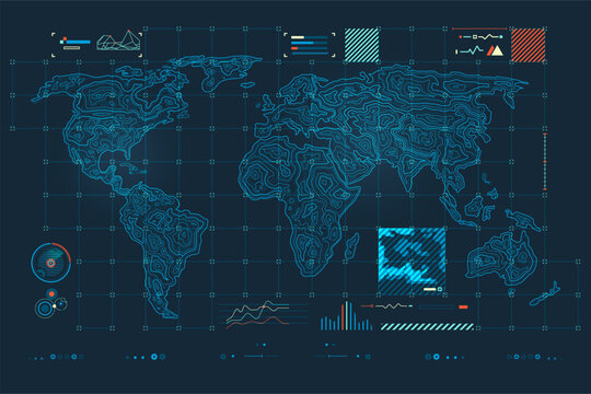 warfare tech or military technology, graphic of topographic world map  with radar interface