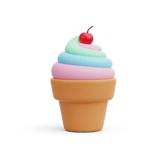 Colorful Ice Cream Cone with Cherry on Top Minimalist Sweet Dessert