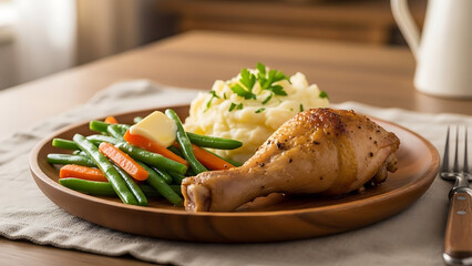 Delicious home cooked meal featuring roasted chicken leg served with fluffy mashed potatoes and fresh green beans with butter on wooden plate