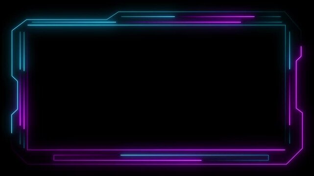A vibrant, futuristic neon border in blue and pink hues frames a black void, evoking a digital interface or HUD element for technology and gaming concepts.