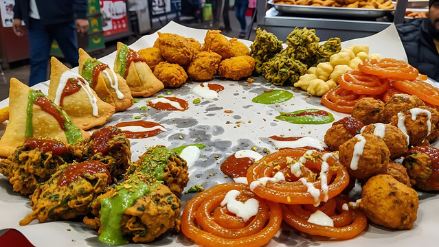 Assortment of Indian street food like samosas pakoras jalebis served on paper with chutneys ideal for culinary blogs and food festivals