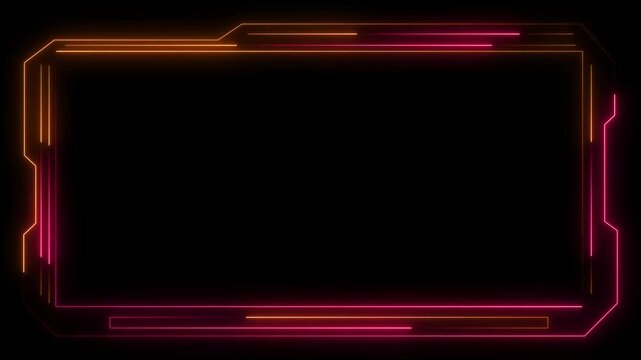 An abstract, futuristic rectangular frame made of glowing orange and pink neon lines against a dark background, perfect for digital interfaces or tech-themed designs.
