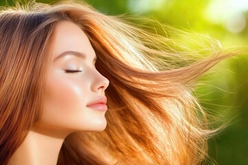 Fototapeta premium Serene red-haired woman with flowing hair enjoying sunlight and blissful calmness