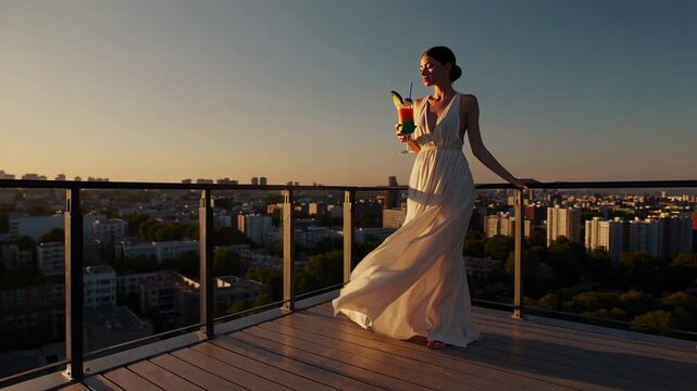 Elegant woman in a flowing white dress sips a colorful cocktail on a rooftop terrace, the cityscape stretching out behind her as the sun sets, casting a warm glow