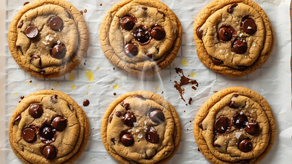 Freshly baked chocolate chip cookies topped with sea salt flakes resting on white parchment paper steam rising from warm golden brown sweet treats