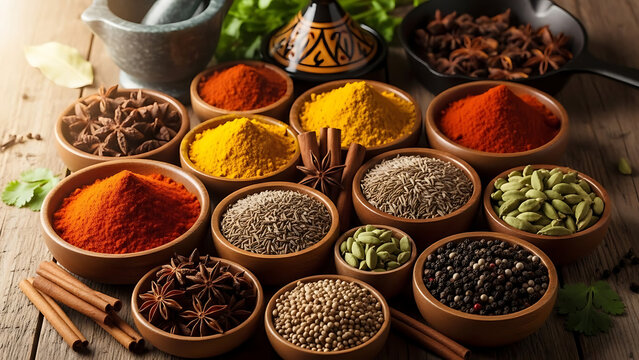 Rich collection of aromatic spices in wooden bowls including star anise cinnamon paprika turmeric cumin and peppercorns