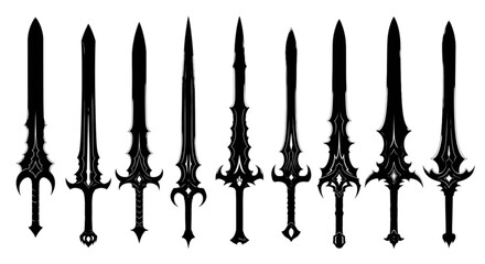 Ten dark fantasy sword silhouettes featuring gothic and intricate designs isolated on transparent background, Vector © Riyadkingline