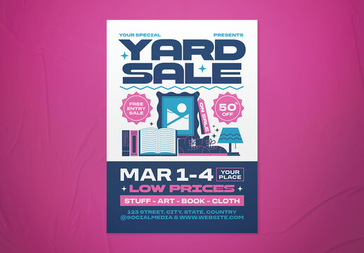 Blue & Pink Bold Flat Illustrative Yard Sale Event Flyer