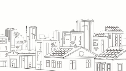 Smart city line art illustration showcasing urban landscape with solar panels, Wi-Fi connectivity, and modern buildings, representing sustainable technology and future living.