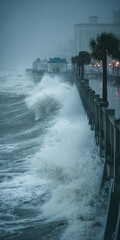 Fototapeta premium Dramatic Photojournalistic View of Stormy Southeast US Coastline Pier Battered by Massive Grey Ocean Waves, Climate Change Concept