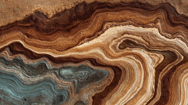 Abstract geological layers forming wave-like patterns in molten earth tones.