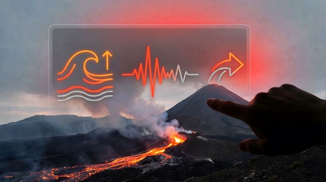 Volcanic Landscape Monitoring with Floating Seismic Wave Graphs and Tsunami Warning Data Visualization for Geological Science Research Overlay Graphics for Science
