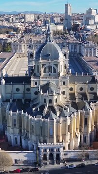 Santa Maria Cathedral At Madrid In Community Of Madrid Spain. Downtown Cityscape. Religion Symbol. Medieval Building. Santa Maria Cathedral At Community Of Madrid In Spain. Royal Palace.